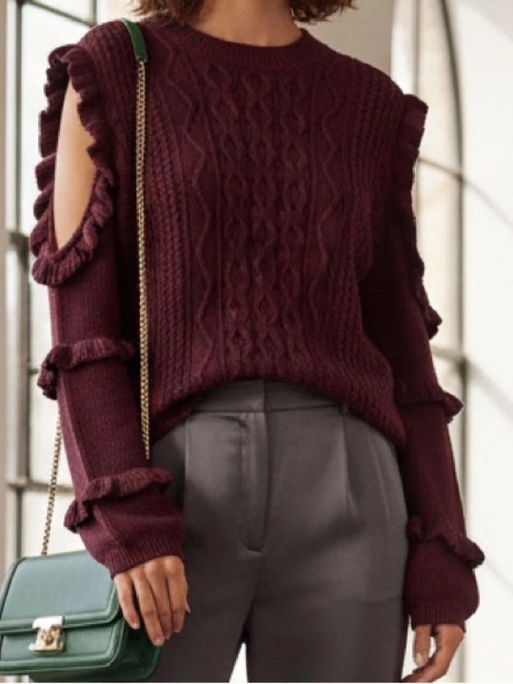 Express Cold Shoulder Ruffle Sweater Pullover Maroon